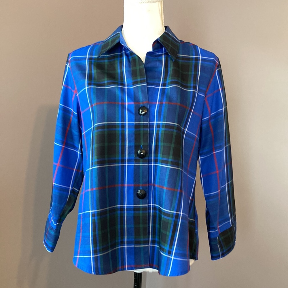 FOXCROFT Blue Plaid Blouse